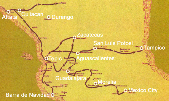 Map of Nuno Beltran de Guzman marches 1529 - 1531