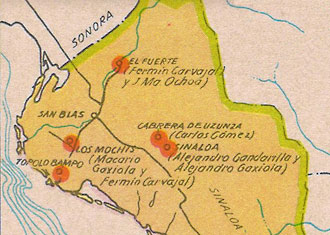 Map of Constitutionalist - Federalist battles in north Sinaloa Mexican Revolution