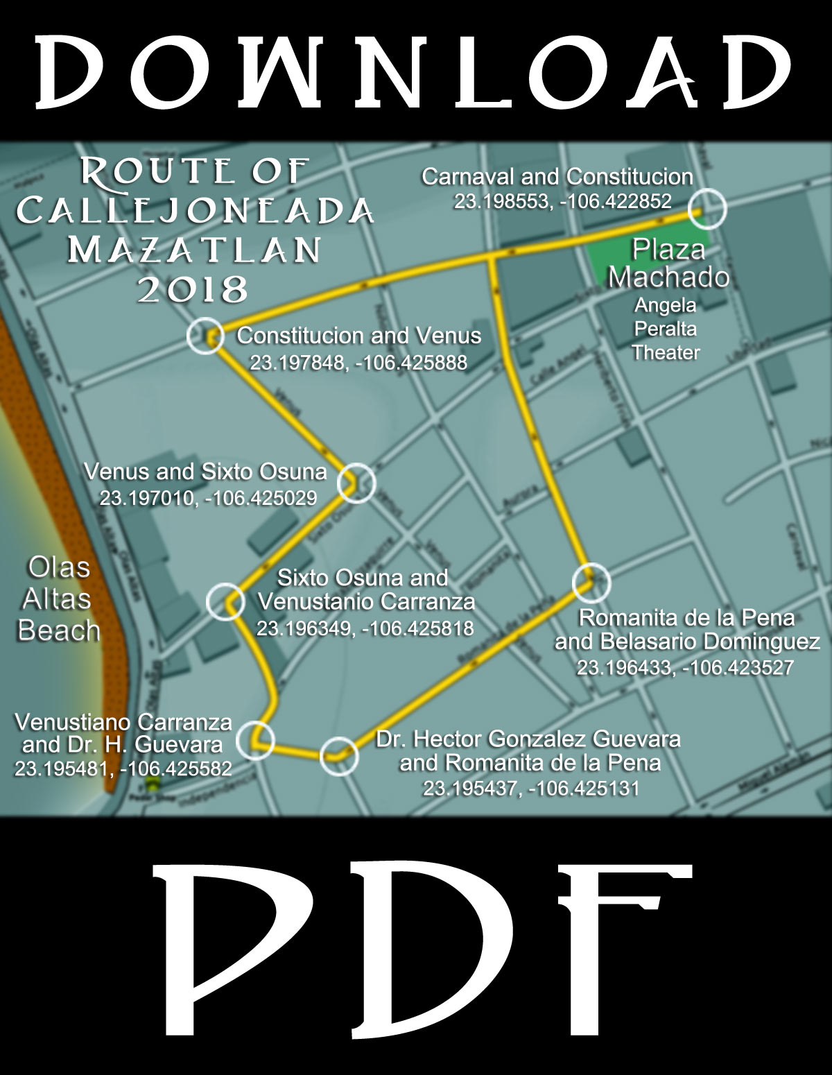Download a free Mazatlan Day of The Dead 2018 parade map .pdf