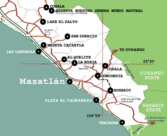Overview map of Mazatlan day trip destinations
