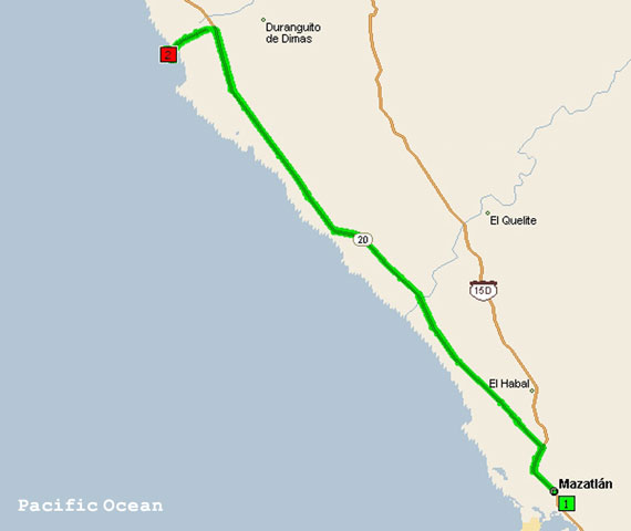 Map to Las Labradas from Mazatlan