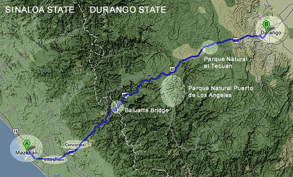 Map to Durango from Mazatlan