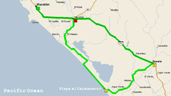 Map to Playa el Caimanero from Mazatlan